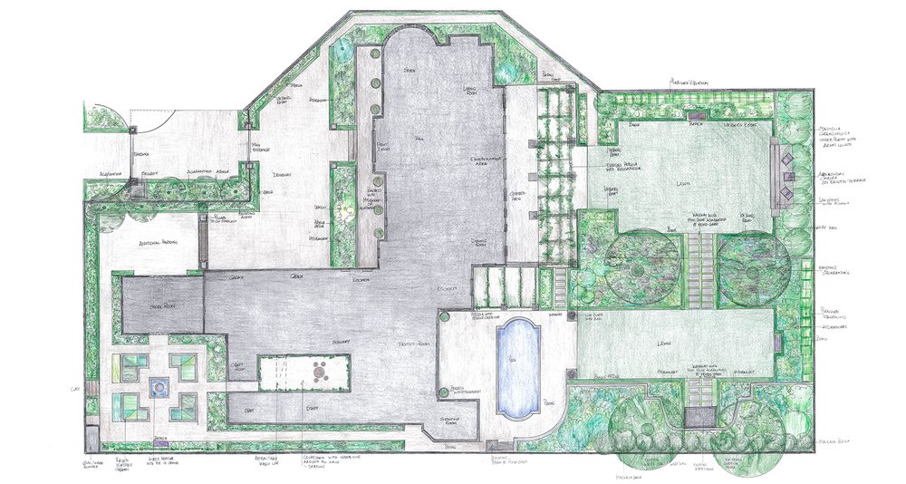 Hand-drawn garden design plan for a residential property with pool and pergola